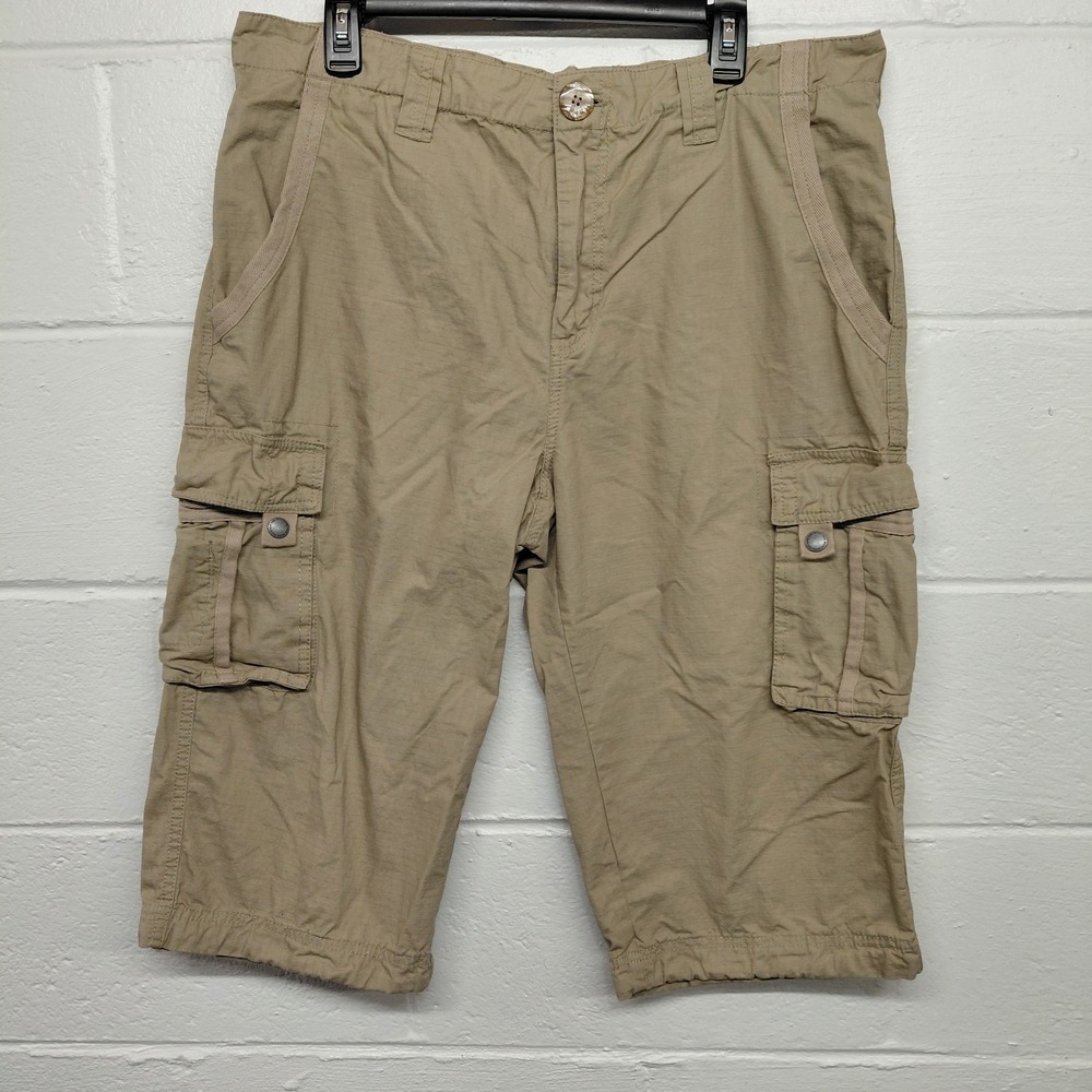 Marc Ecko Cut & Sew Mens Khaki Cargo Button Shorts Waist Size 36 Inseam 17"